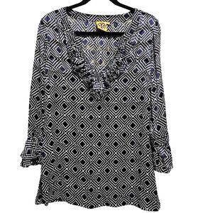 Tory Burch Tunic Blouse Navy Blue Geometric Print Ruffle Boho Top Women